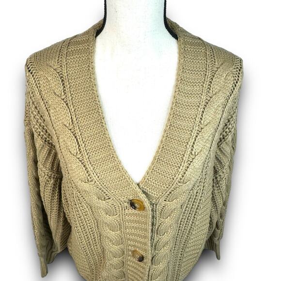 Cable Knit Tan Beige Vneck Cardigan Sweater Button Front Balloon Sleeves Medium - Picture 3 of 8